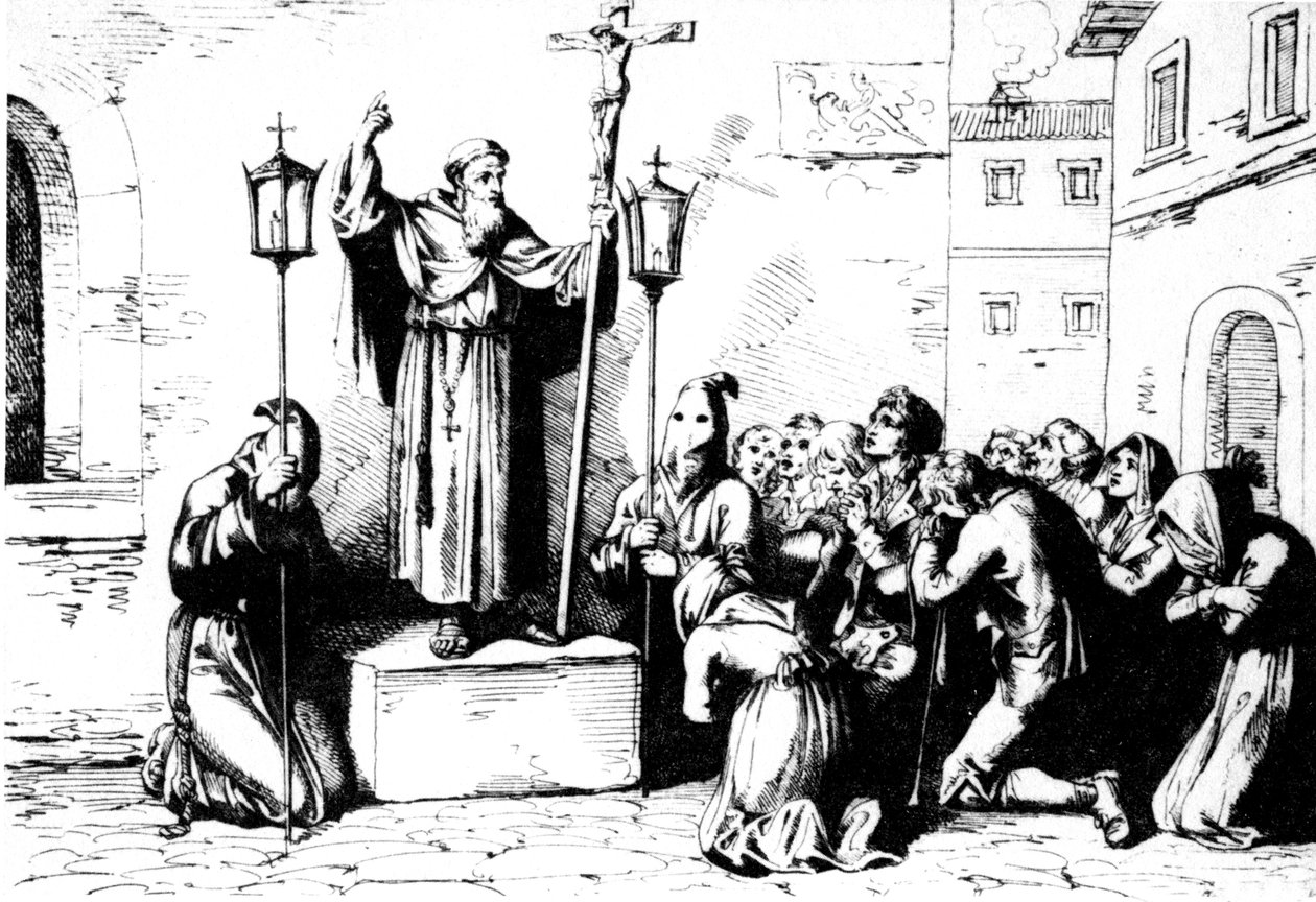 A Friar Preaches to the People in a Square in Rome (Bartolomeo Pinelli Engraving XIX Century) by Unbekannt