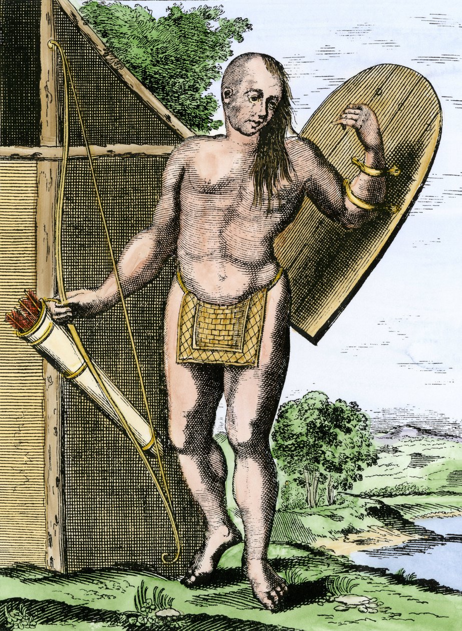 History of Indigenous Peoples: An Indian of Canada holding a shield, a bow and arrows in a quiver by Unbekannter Künstler