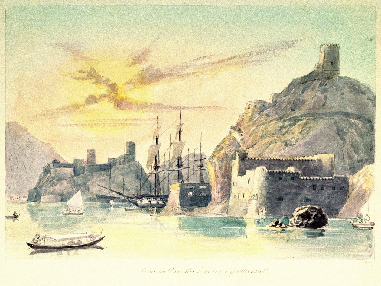 Interior View of the Port of Muscat, with Description of Fortified Buildings and Moored Ships. Lt-Col. Paint Charles Hamilton Smith by Unbekannter Künstler