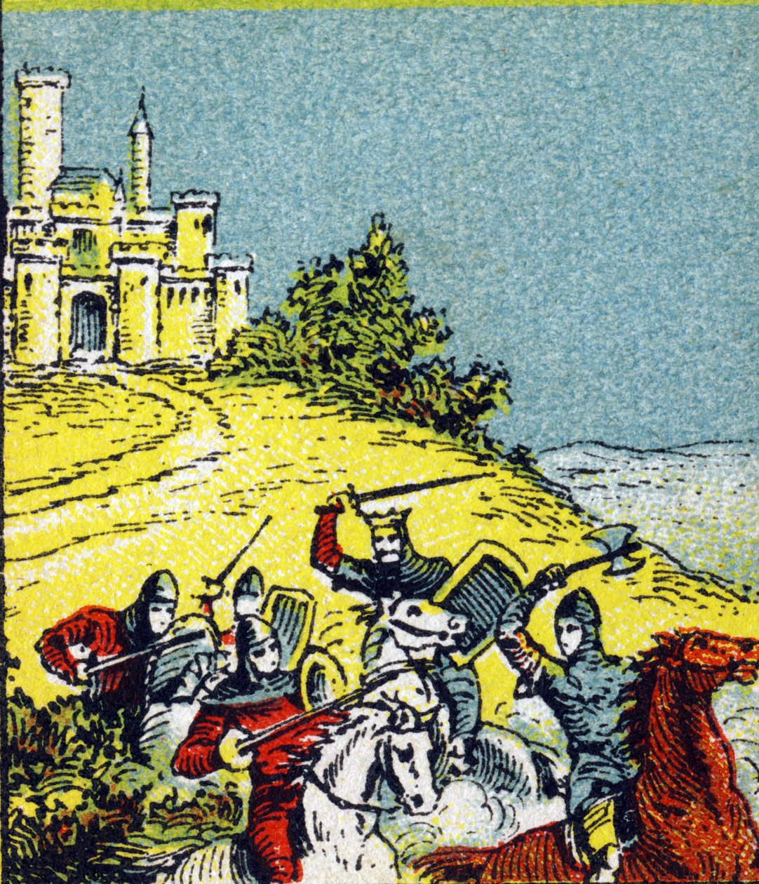King Louis VI Le Gros fought against the robbery of the lords of the kingdom. Engraving in "Histoire de France". Series of advertising images published on behalf of Louit, circa 1920. by Unbekannt