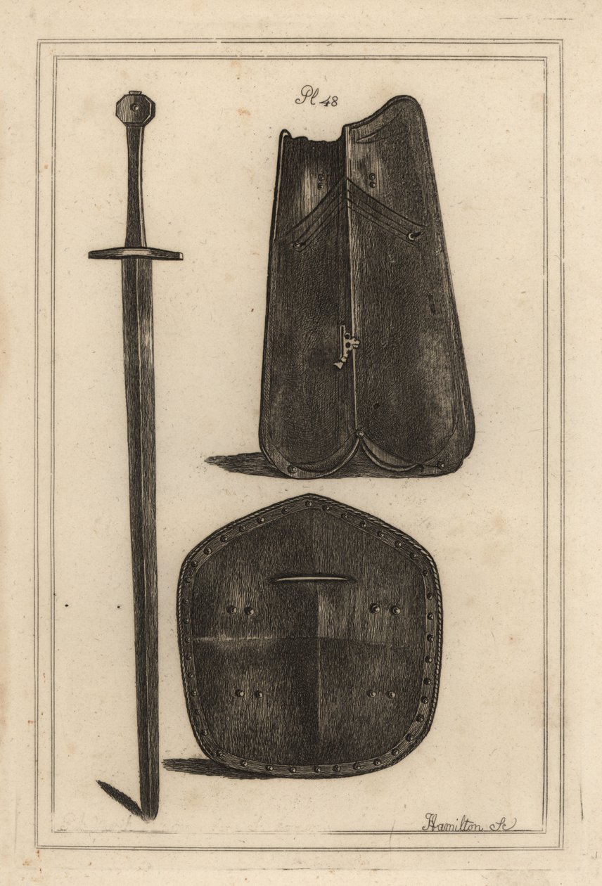 Large Breastplate or Cuirass, Shield Perforated in the Centre, and Two-Handed Sword Belonged to Guy, Earl of Warwick by Unbekannt