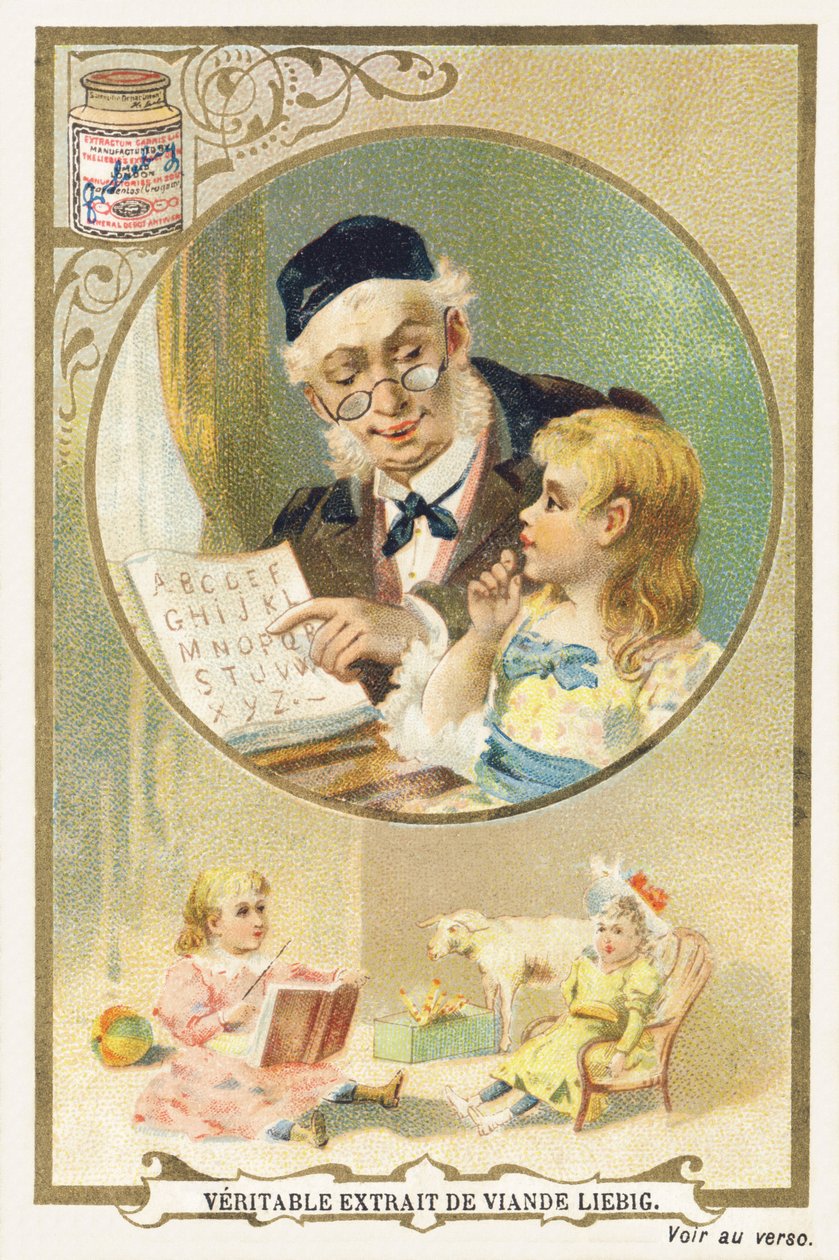 Reading with grandfather. Advertising chromolithograph representing an elderly person and a child. Published by Compagnie Liebig, Paris, late 19th century by Unbekannt