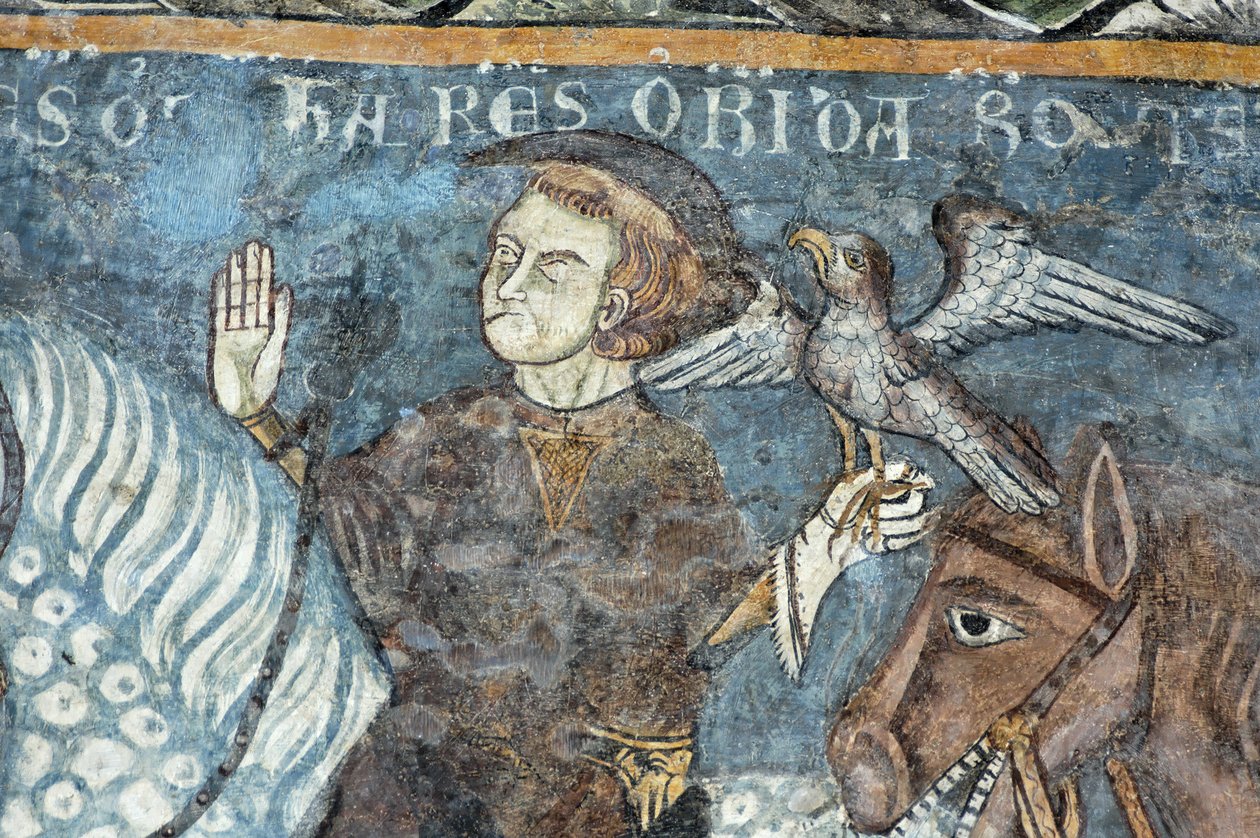 Legend of the foundation of the Abbey of Vezzolano: King Charlemagne hunted falcon. It was said to have the origin of the construction of the abbey. Fresco of the cloister of the Abbey of Vezzolano. Piemont, Italy. by Unbekannt