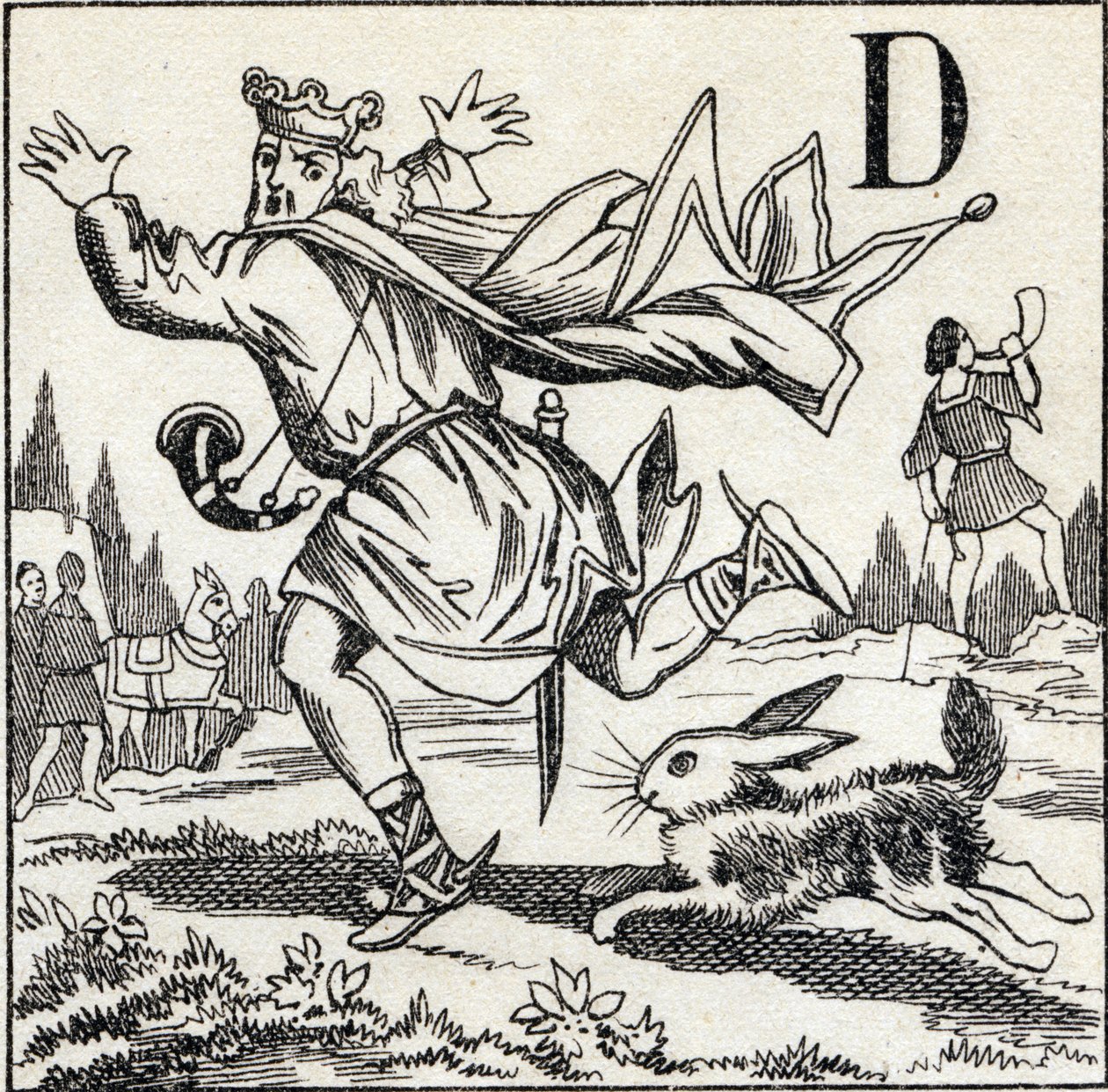 Letter D: King Dagobert Pursued by a Hare. Engraving in 