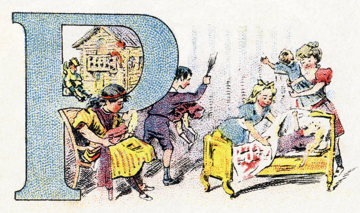 Letter P: Doll Polichinelle. Alphabet of Phosphatine Falieres. Engraving. Late 19th century by Unbekannt