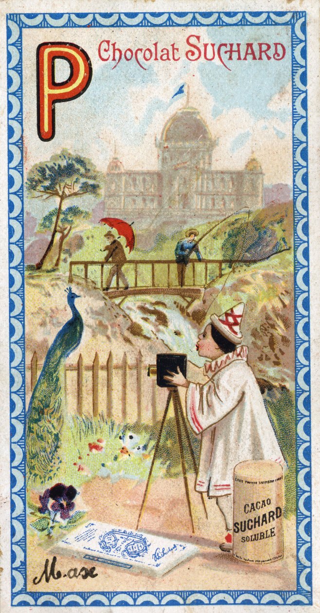 Letter P: palace, pavilion, umbrella, photographer, bridge, fishing, peacock, pensee. Engraving of the Alphabet edited by Chocolat Suchard, beginning of the 20th century by Unbekannt