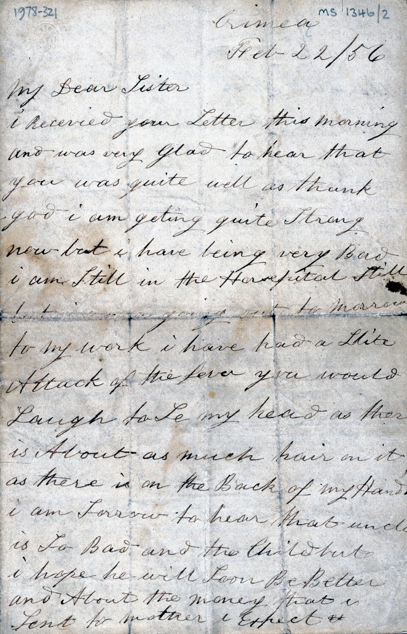 Letter from a soldier in the Crimea to his sister, 22 February 1856