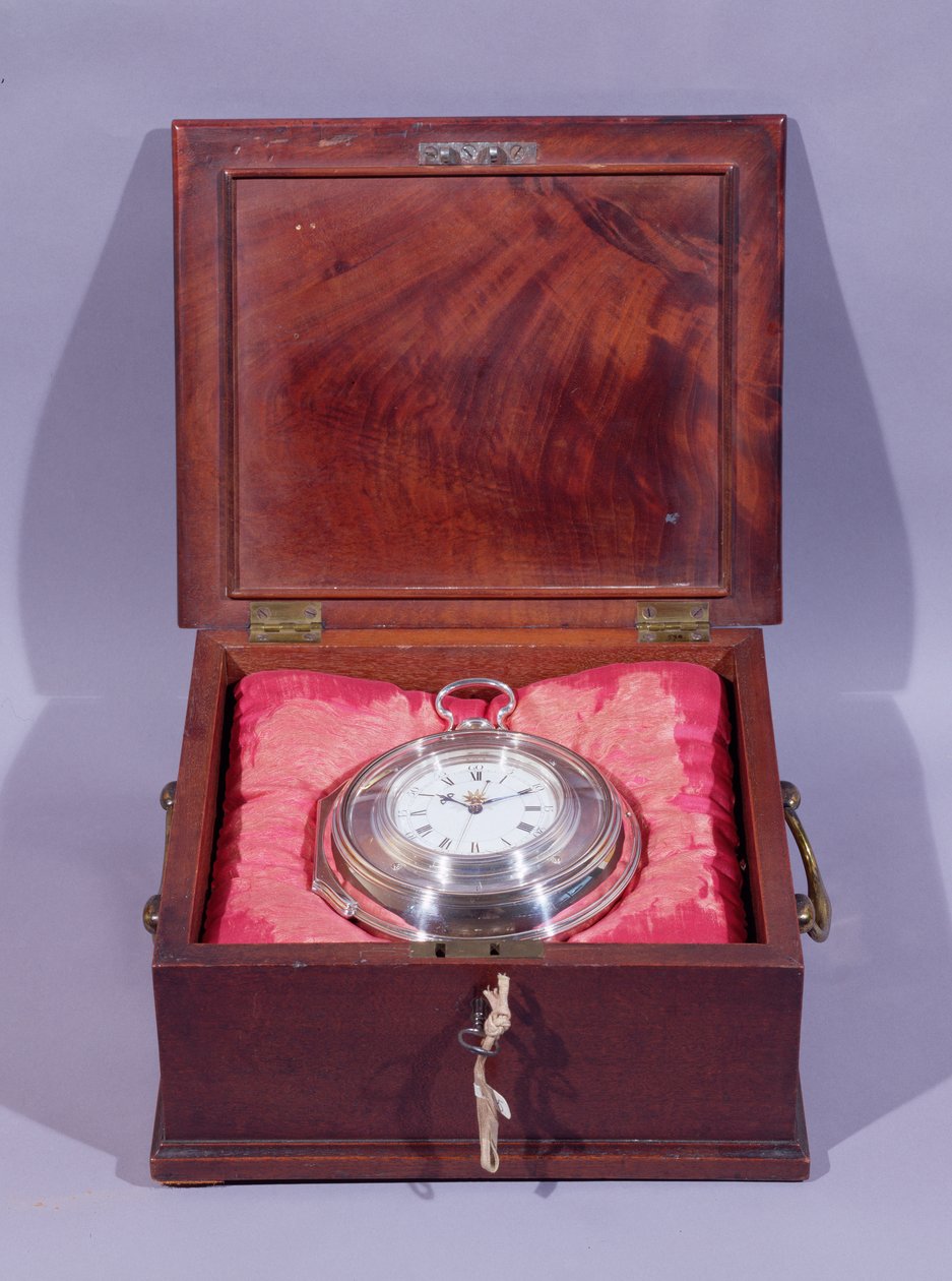Marine watch, in silver pair-case, lying on cushions in mahogany carrying case, by John Harrison and Son by Unbekannt