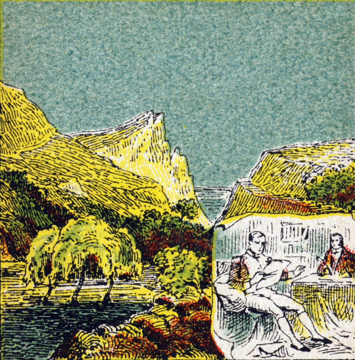Napoleon I Bonaparte in Exile on the island of Sainte Helene. Engraving in "Histoire de France". Series of advertising images published on behalf of Louit, circa 1920 by Unbekannt