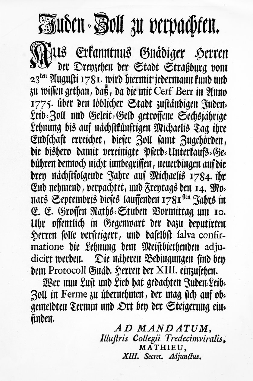 Notification by the Strasbourg Governing Body of the Thirteen (Tredecim Viri) of a public auction of the right to levy the 
