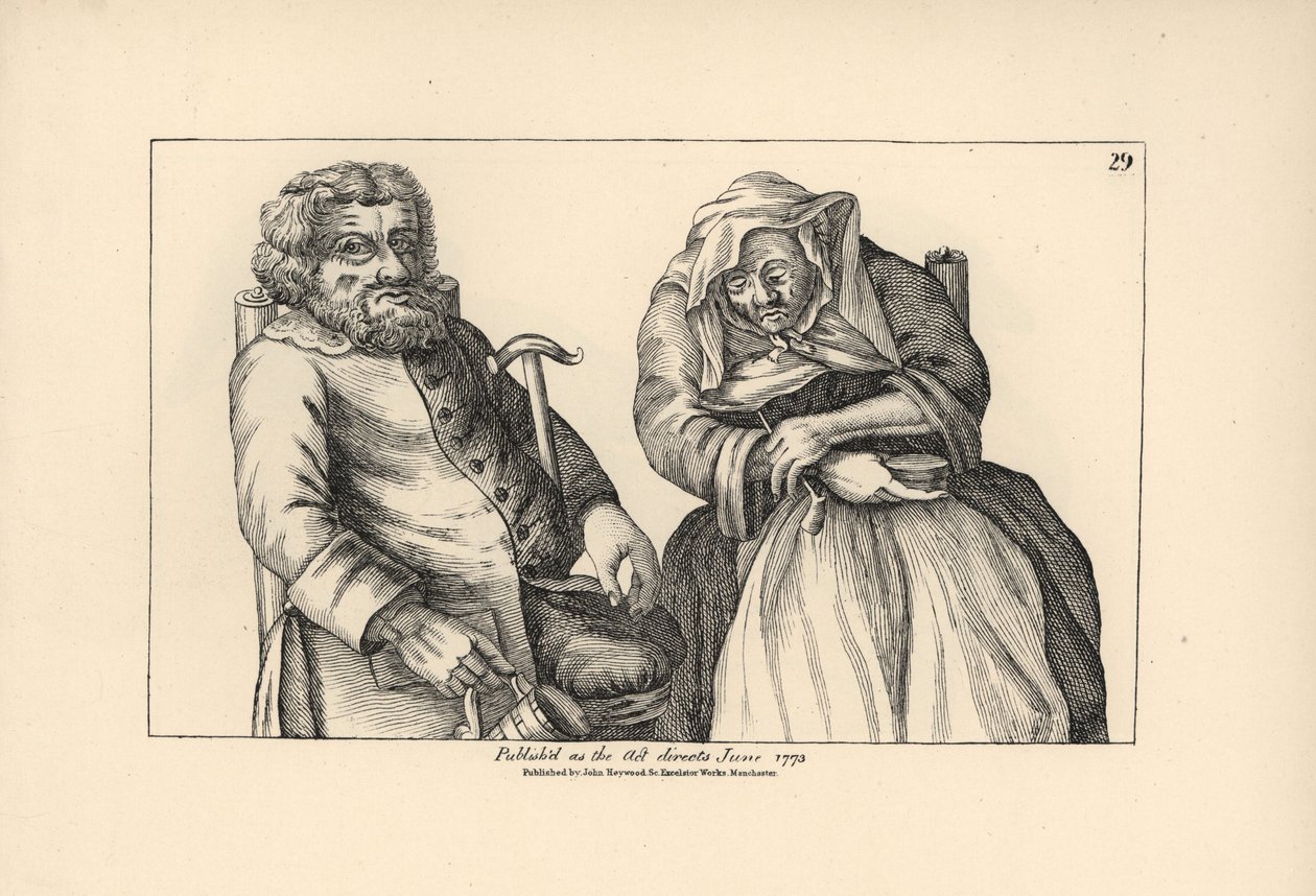 Old Darby with empty tankard and Joan with her tobacco pipe. Copperplate engraving after a satirical illustration by Timothy Bobbin (John Collier) from Human Passions Delineated, John Haywood, Manchester by Unbekannter Künstler
