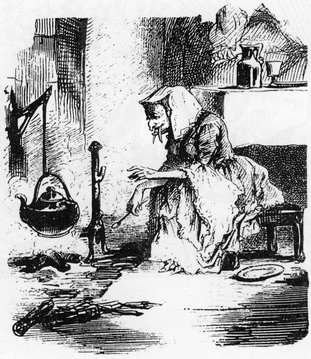 Old Witch with Big Teeth Boiling a Potion in Her Chimney by Unbekannt