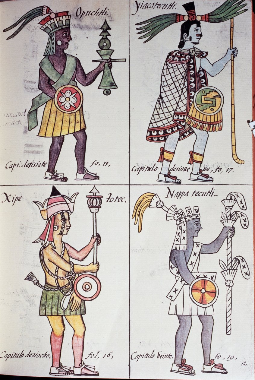 Opochtli, Xipe Totec, Yacatecuhtli and Nappatecutli, Page from Florentine Codex, Version in Spanish and Nahuatl, General History of the Things of New Spain (Historia general de las cosas de Nueva Espana), Aztec by Benjamin Baud