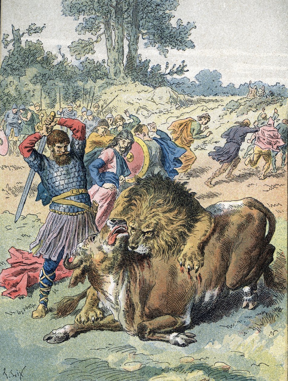 Pepin the Brief fighting a lion and a bull on the Champ de Mars to prove his courage (751) by Unbekannter Künstler