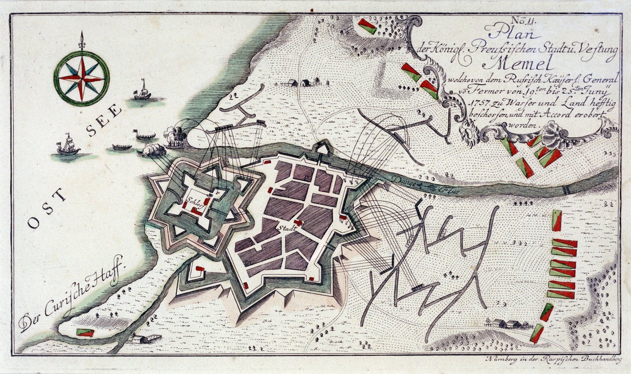 Plan of Memel (Present-Day Klaipeda, Lithuania), During the Surrender of the City, 27 June to 5 July 1757. Etching Water in 1764 Colors by Unbekannter Künstler