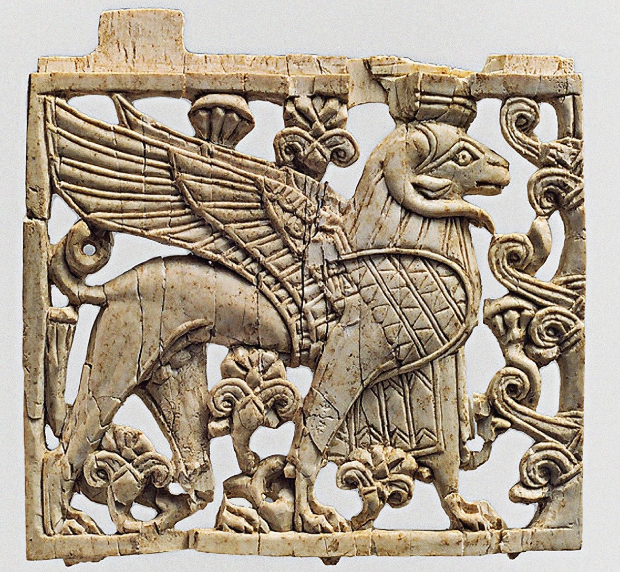 Plaque depicting a ram headed Sphinx, Nimrud, Mesopotamia