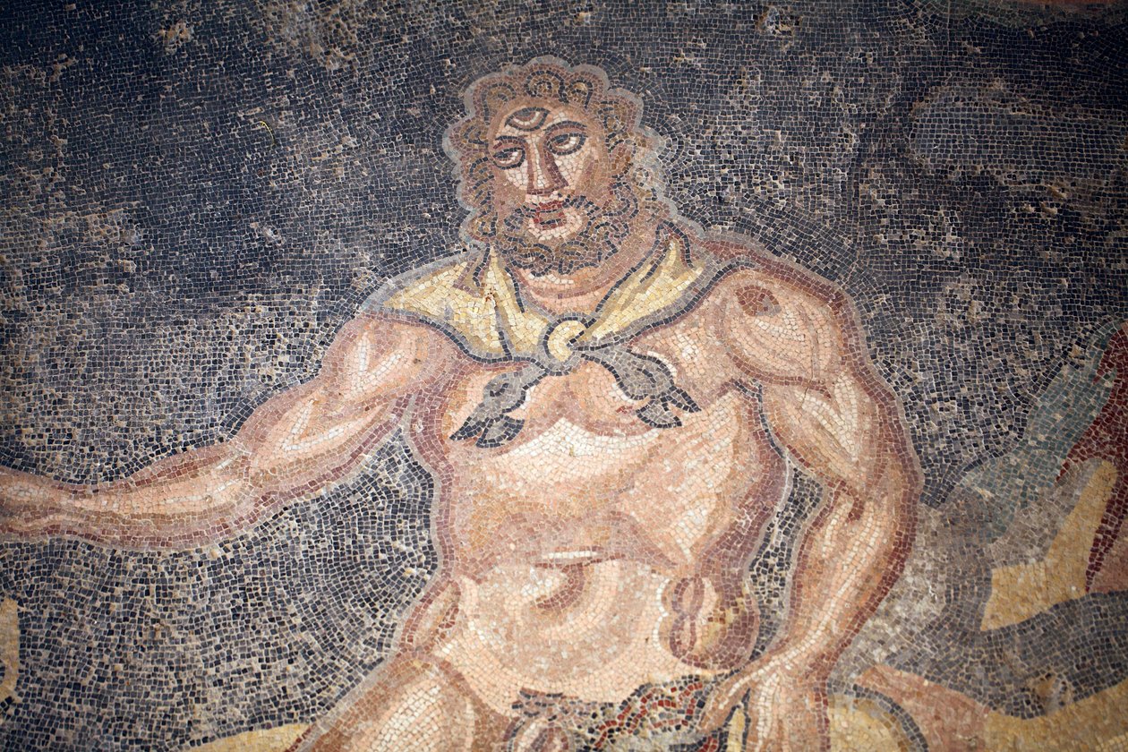 Polypheme Hall. Detail of the cyclope devouring the entrails of a goat. 3rd - 4th century. Roman Villa of the Casale, Sicilia. UNESCO site. by Unbekannt