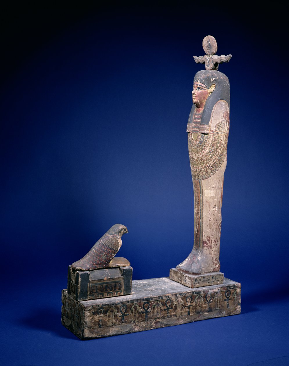 Ptah-Soker-Osiris figure standing on a box plinth facing a sarcophagus with a Horus falcon, funerary object, Egyptian, Ptolemaic Period, c. 200 BC by Unbekannt