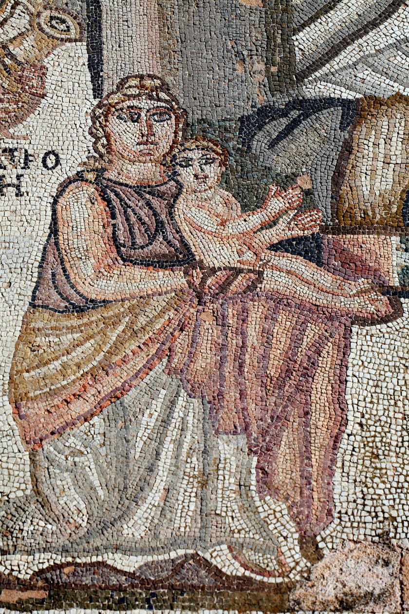 Representation of the newly born Achilles with his nurse, Anatrophe - Detail from the panel representing the first bath of Achilles - Paphos Mosaics, the villa of thesus 5th Century AD - Cyprus. by Unbekannt