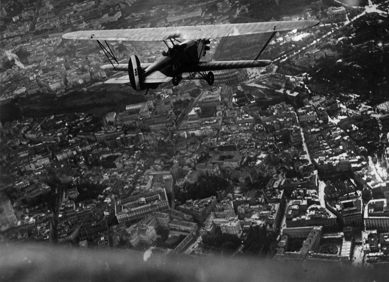 Rome (Italy), circa 1930: Italian Aviation Minister Italo Balbo (1896-1940) flies over the city aboard a 