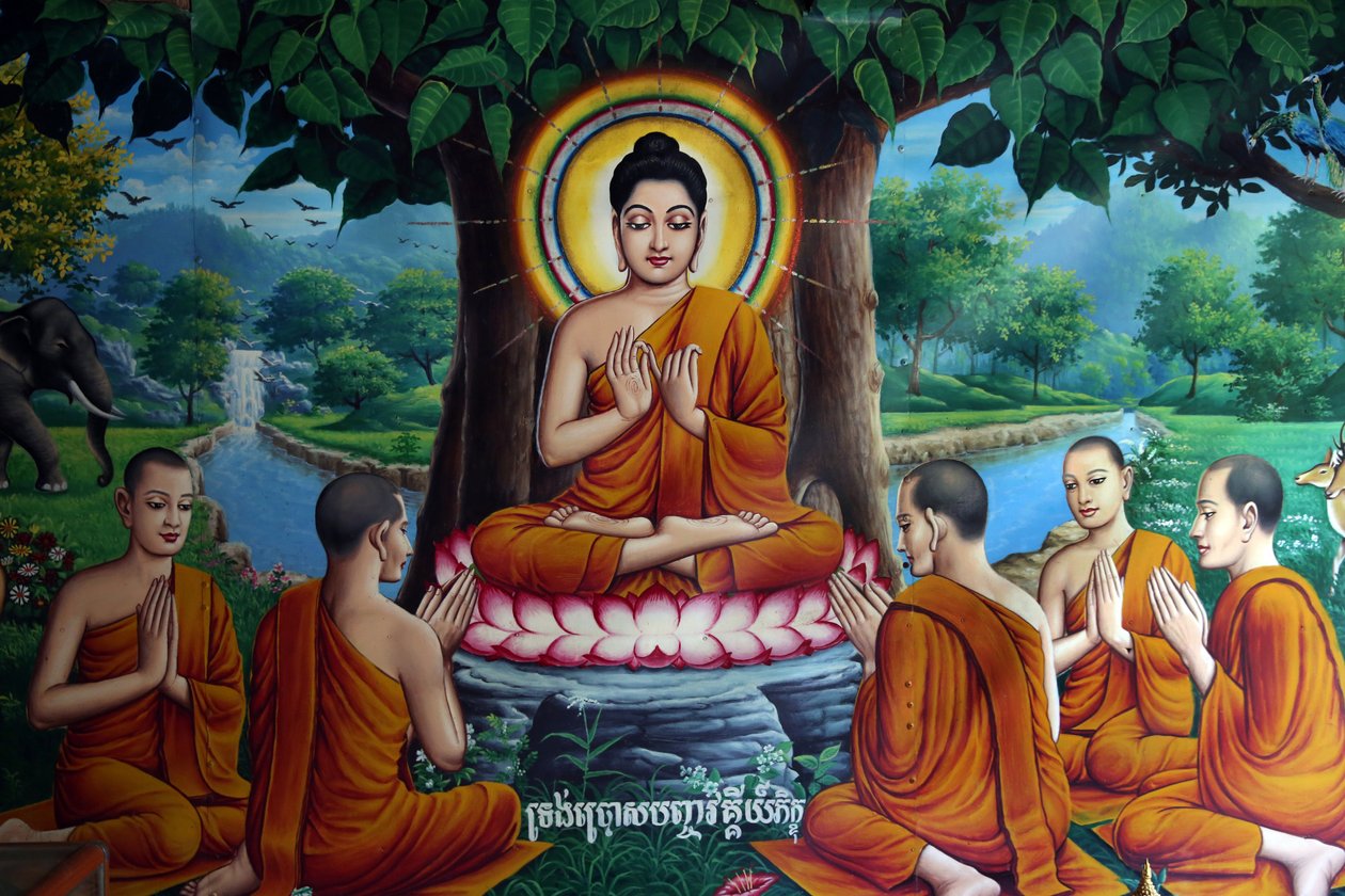 Temple fresco depicting Buddha with disciples, Cambodia by Unbekannt