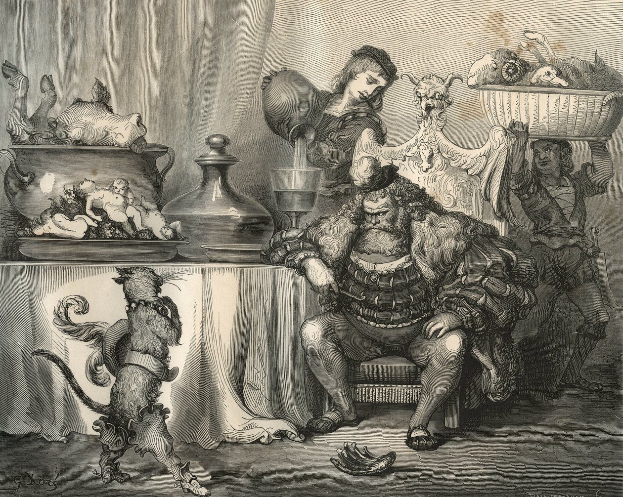 The boot cat meets the Ogre. Engraving by Gustave Dore from 
