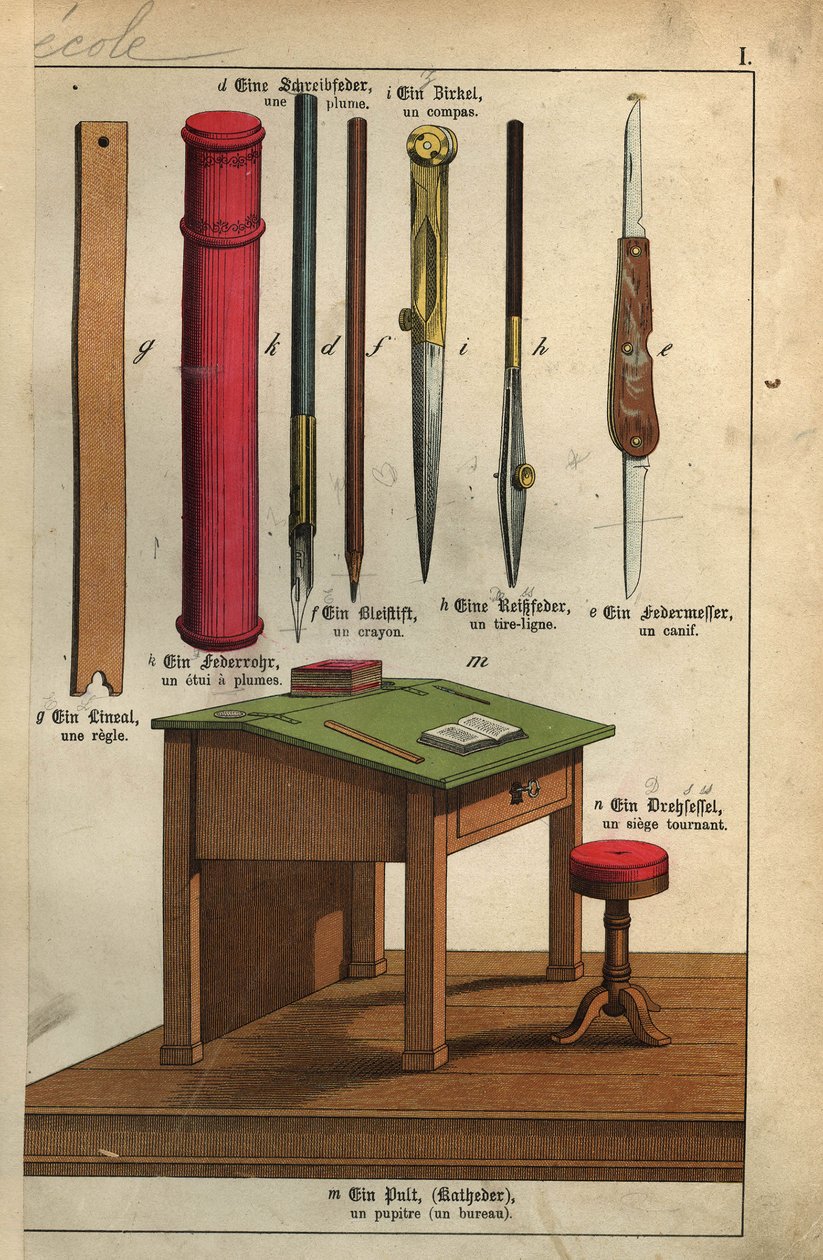 The school's tools: the ruler, the feathers and their case, the compass ...