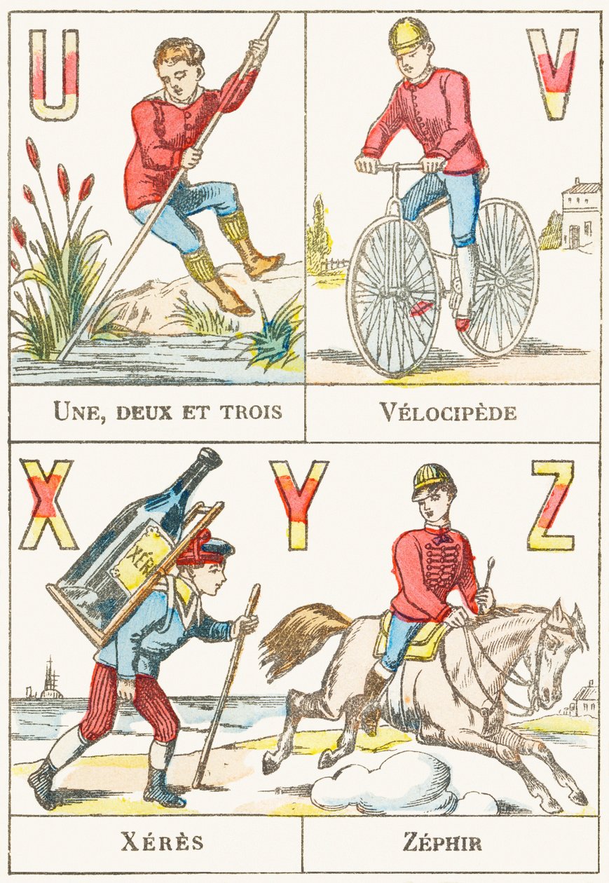 U V X Y Z; U: Une, deux et trois; V: Velocipede; X: Xeres; Z: Zephir - Games Alphabet, c.1890 by Unbekannt