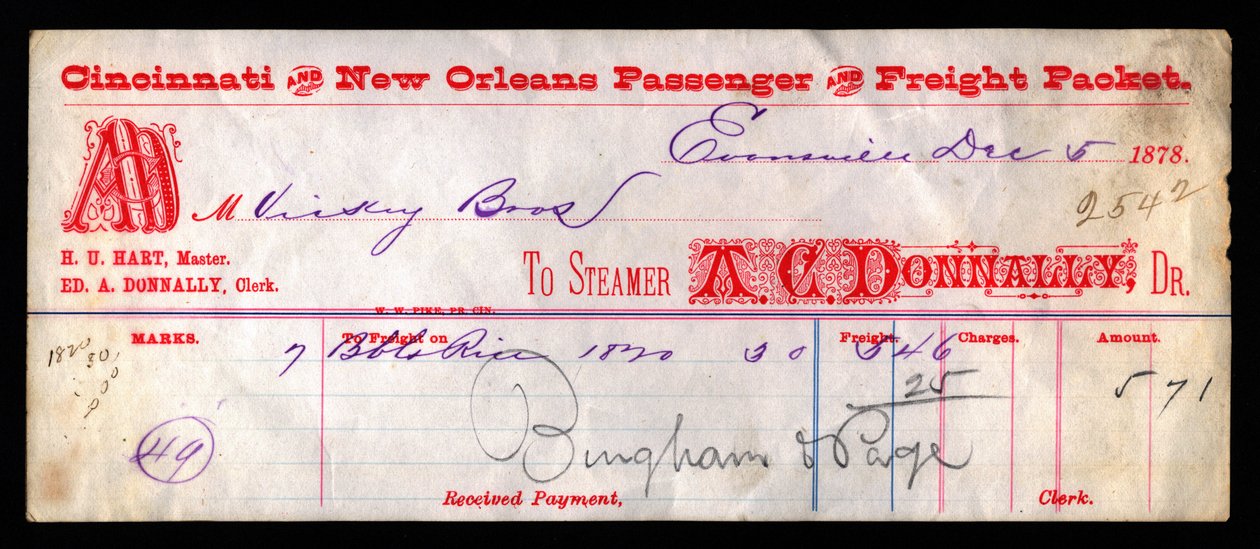 A Bill of Lading for the American Steamboat A G Donnally 5th Dec by Unbekannt