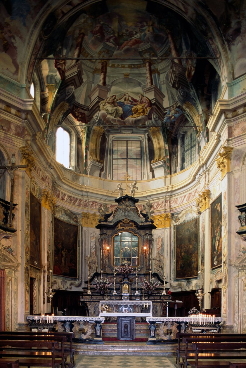View of altar and frescoes by Lorenzo Peracino, Sanctuary of Madonna del Sasso, Piedmont, Italy by Benjamin Baud