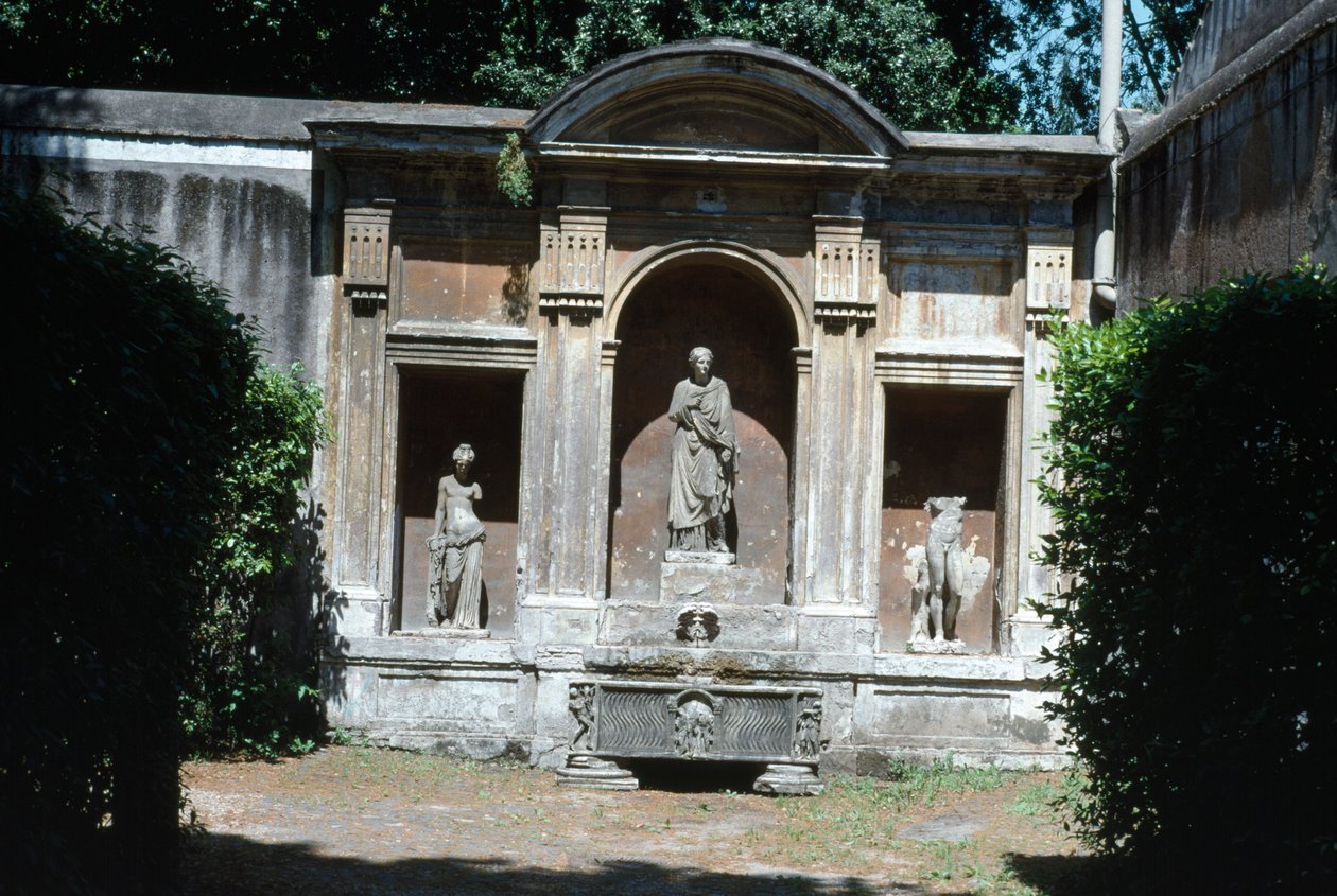 View of the Garden, (detail) of fountain with Roman sarcophagus and statuary by Unbekannt