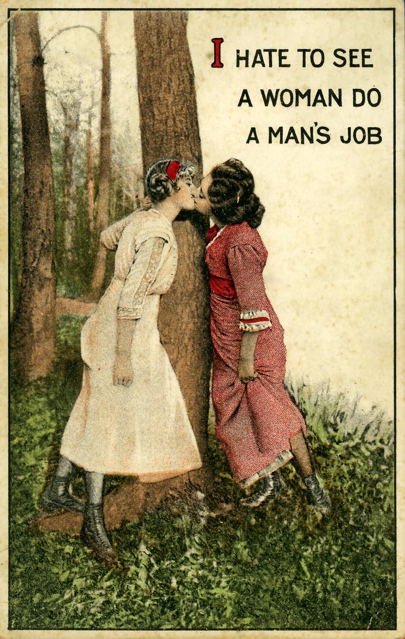 Vintage postcard showing two women kissing, "I hate to see a woman do a man