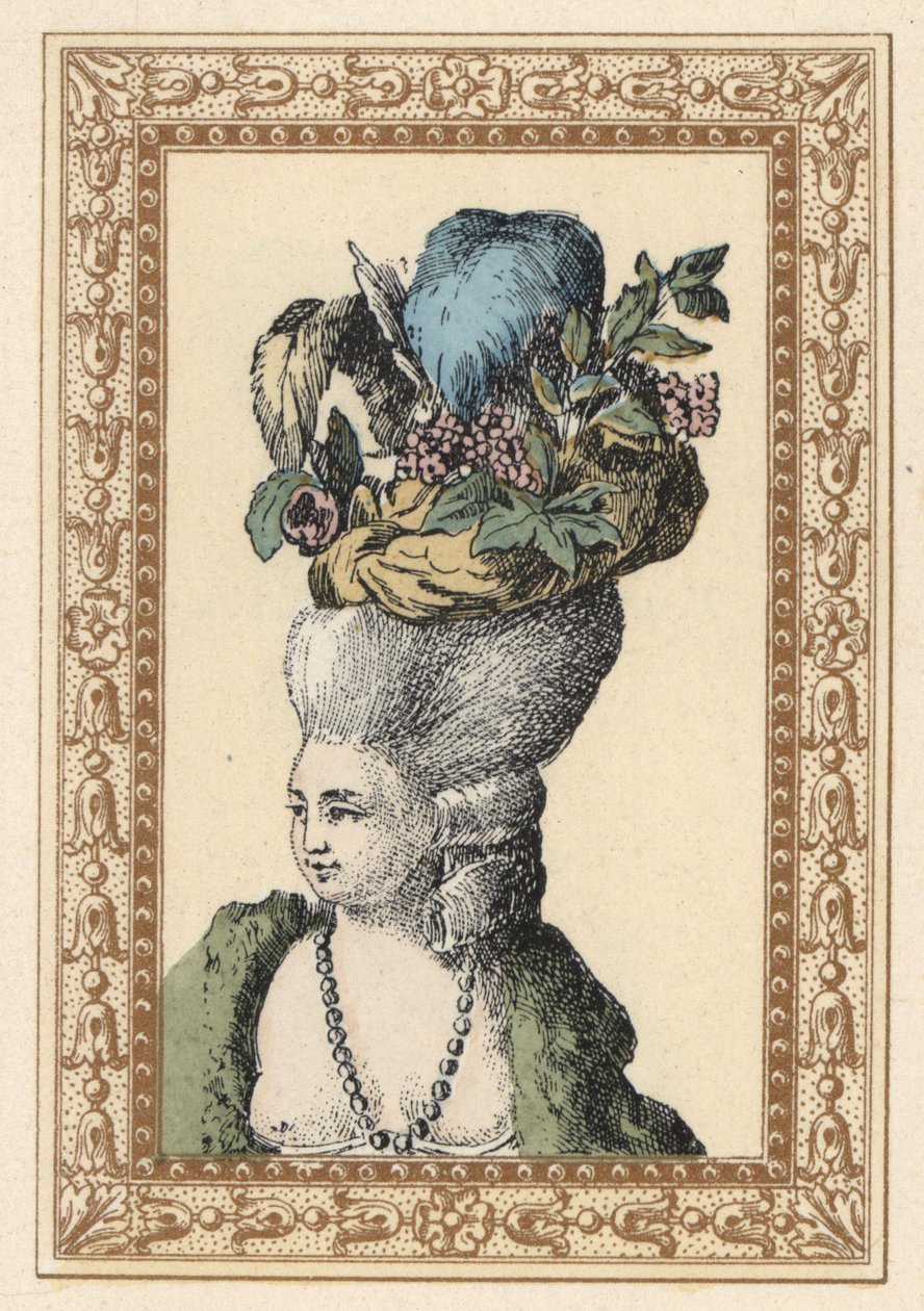 Woman in combed up hairstyle with cap decorated with grapes and feathers called Racy Cap in an English Park by Unbekannter Künstler