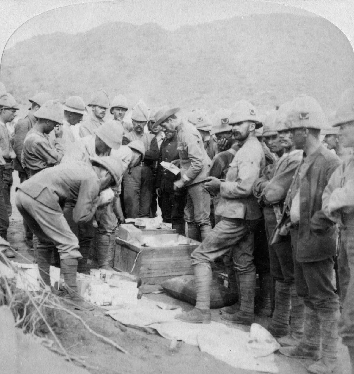 Christmas presents from home to the troops with Methuen at Modder River, South Africa, 1900 by Underwood and Underwood