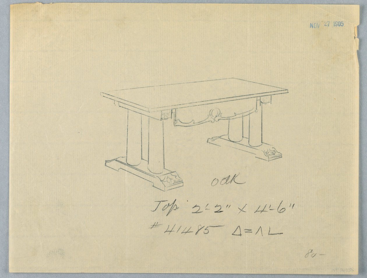 Design for Large Table with Columnar Supports and Pediment Base, 1900-05 by Unknown