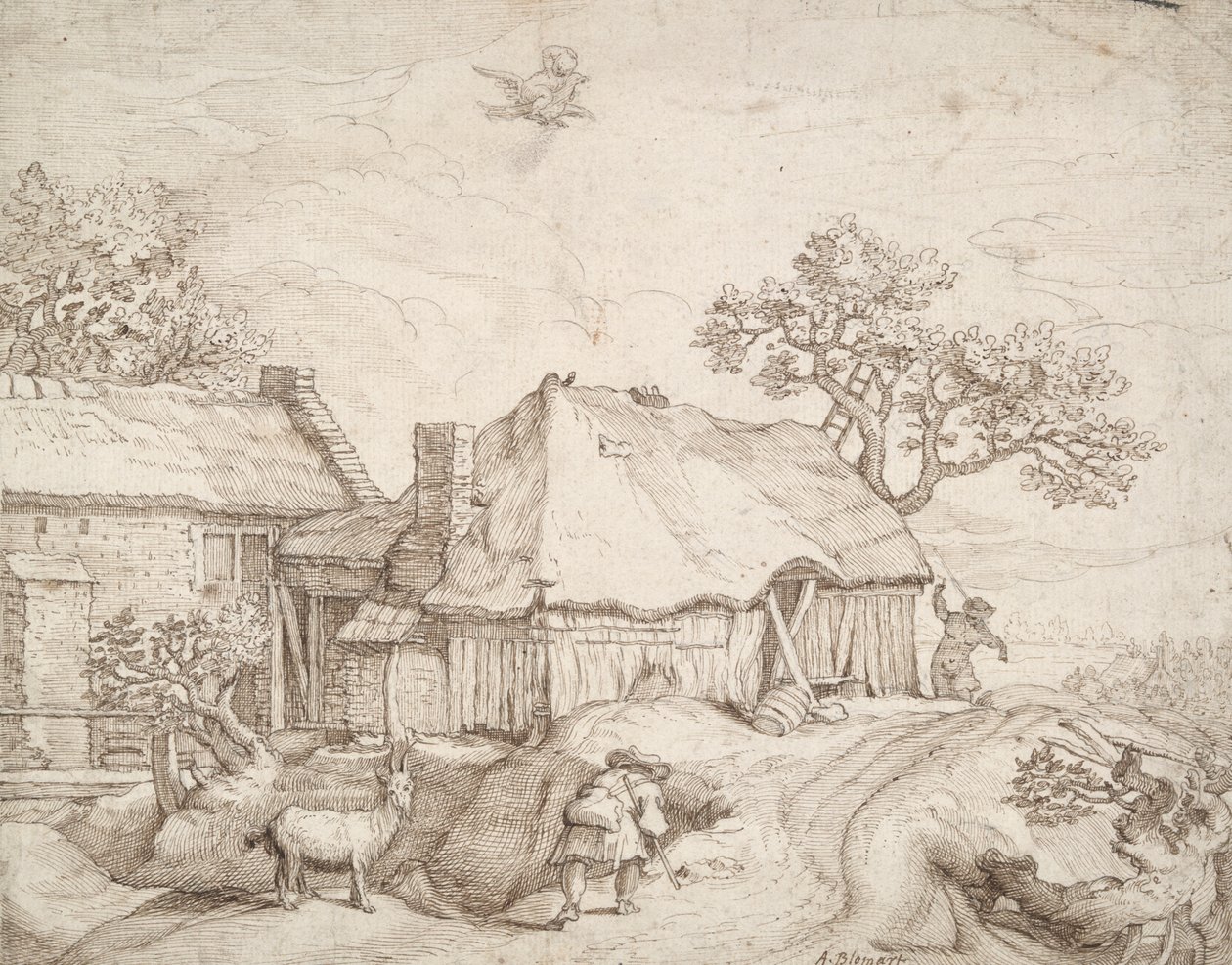 Farm Buildings with Peasants, a Goat, and the Abduction of Ganymede by Unknown