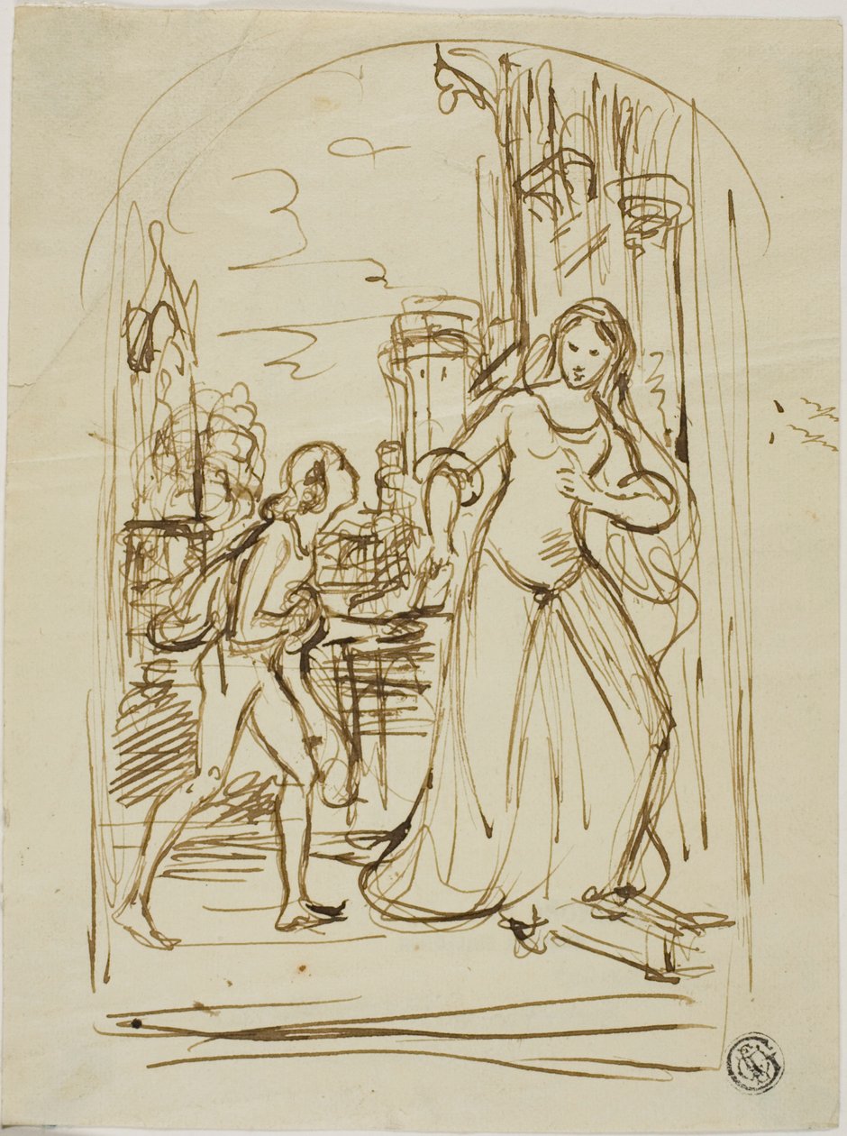 Literary Illustration: Medieval Lady with Page; Sketches of Figures by Unknown