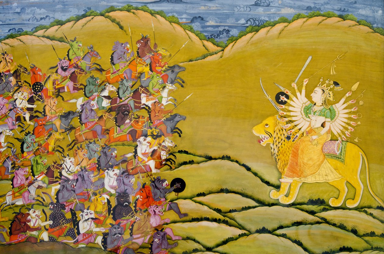 Marwar Painting: The Demons Prepare for Battle Against the Goddess ...