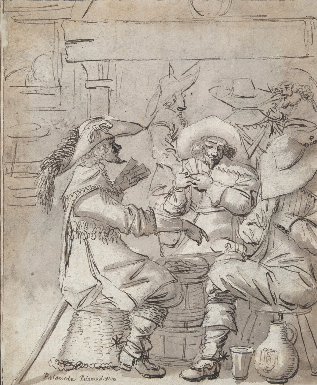 Men Playing Cards (recto); Inn Interior with Standing Man Smoking (verso) by Unknown