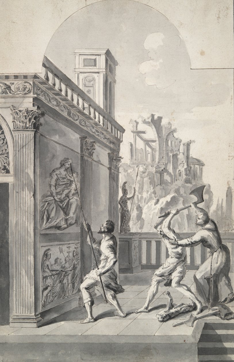 Unidentified Subject (three figures on a stage set?) by Unknown