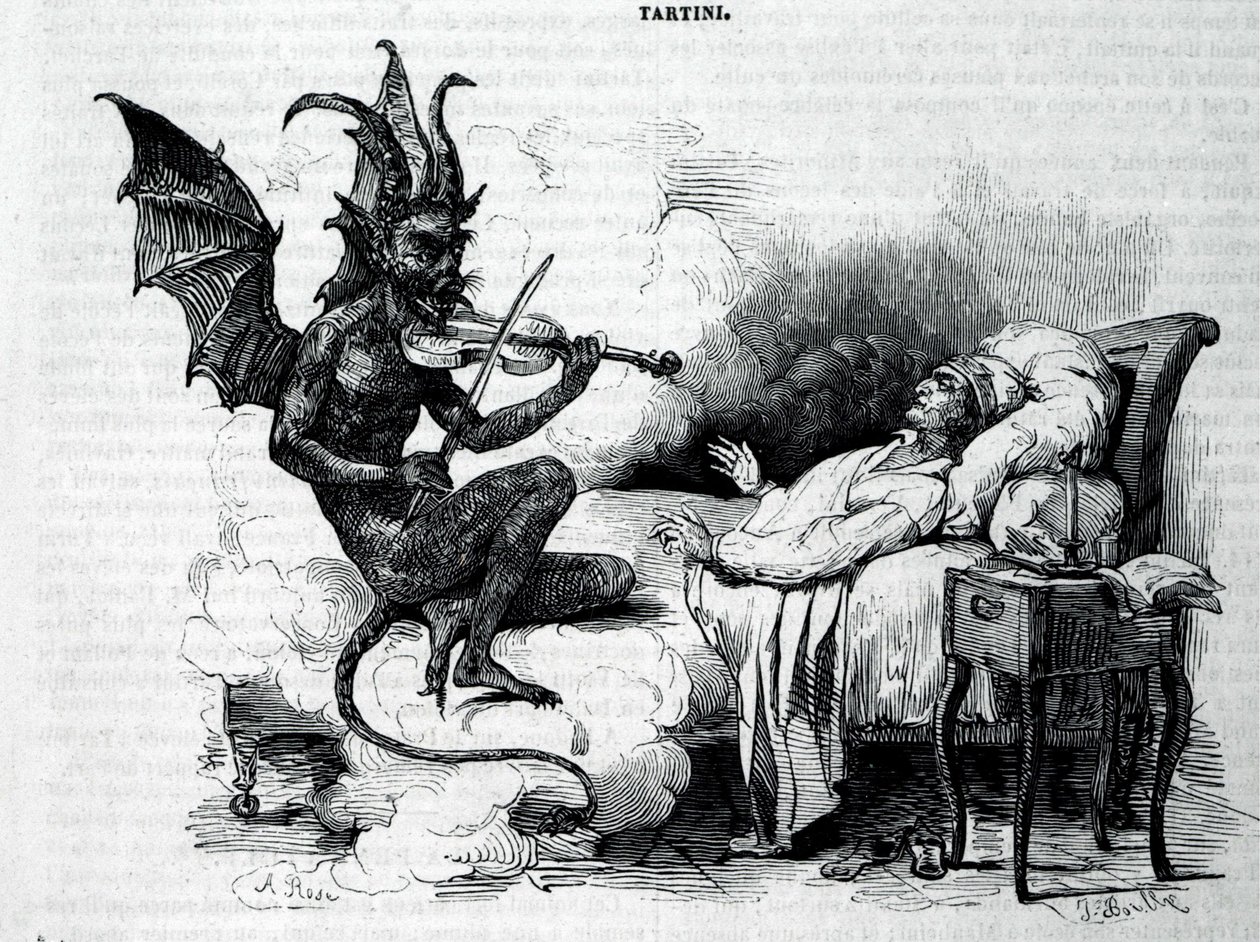 A Satyre playing the violin in front of Giuseppe Tartini (1692 - 1770), Italian composer, violinist and theorist. Engraving of the 19th century by Unknown artist