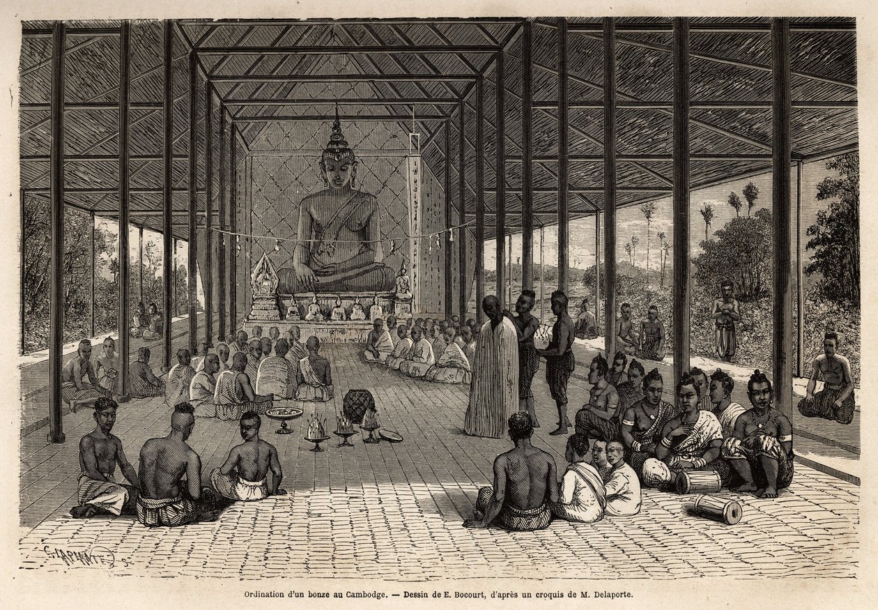 A bonze ordination ceremony in a temple near Angkor, Cambodia. Engraving illustrating a voyage of exploration in Indochina by Francis Garnier, published in 
