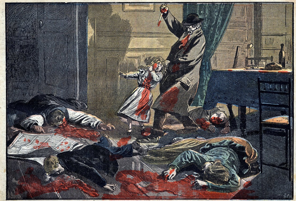 A family murdered: murder of the Leblond family by Caillard, a madman, in Nassandre, near Bernay. Illustration in Le Pelerin of April 10 by Unknown artist