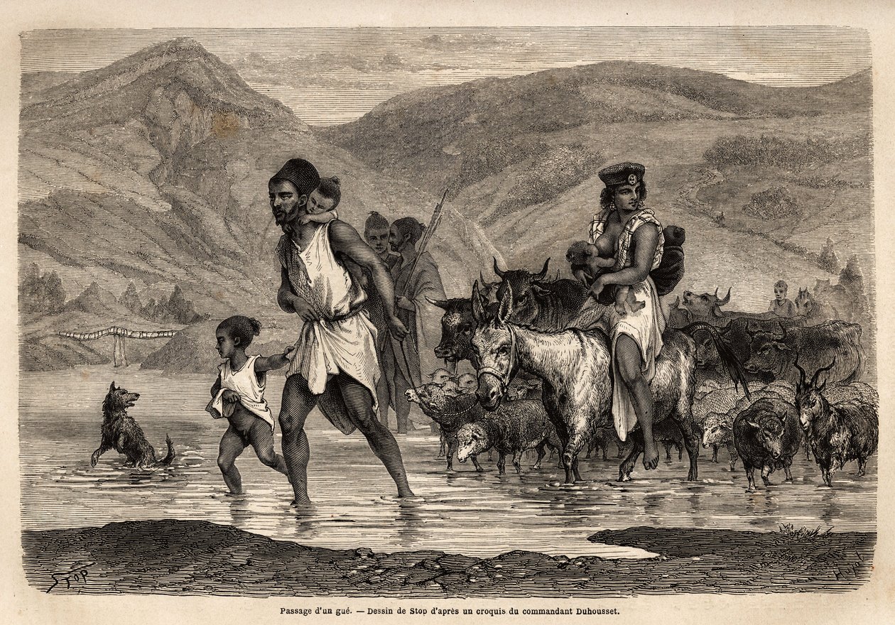 A family of Kabyle shepherds crosses the wadi Djema to go to the Beni Menguellet march, the most important in the region; the head of the family ventures first, followed by his family and his herd, the sheep first and after them the bulk of the cattle. Eng by Unknown artist