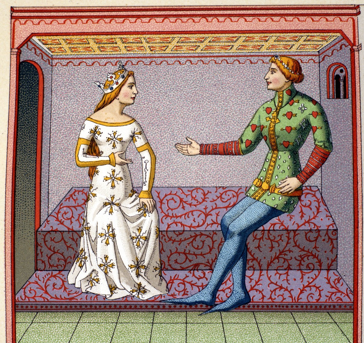A galante scene in the Middle Ages: a young man courts a princess. Faux college after a manuscript. 19th century. by Unknown artist