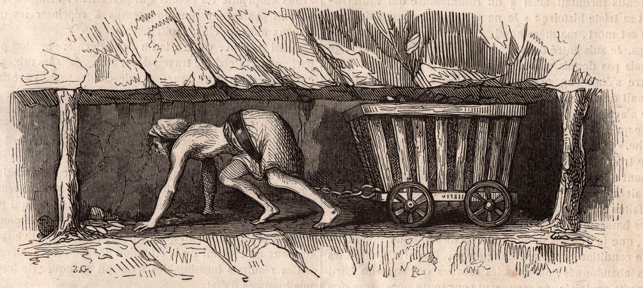 A girl chained to a trolley full of coal and dragging it in an English coal mine by Unknown