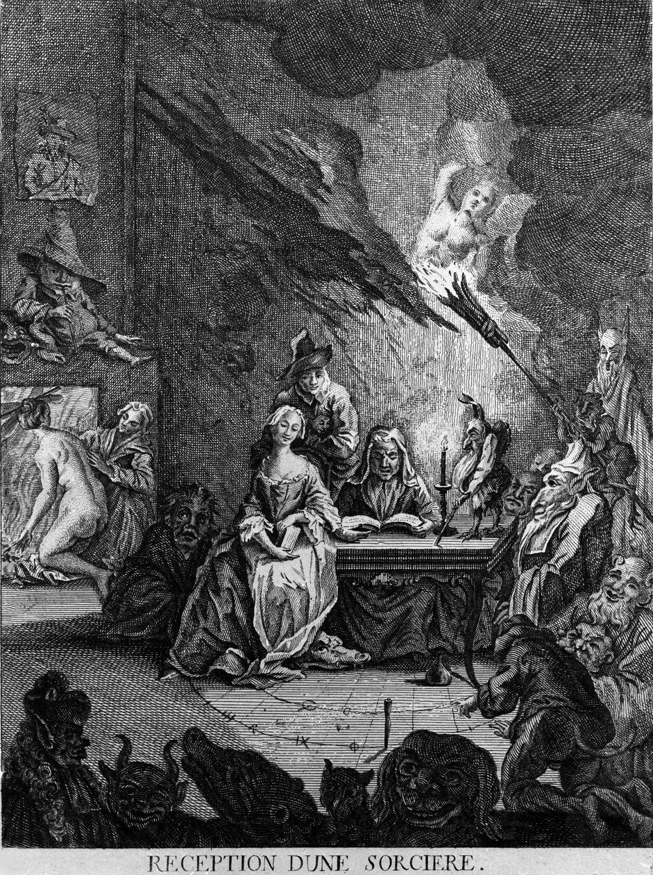 A girl is received by a witch, surrounded by monstrous creatures (at an initiation ceremony?). Engraving of the 17th century by Unknown artist