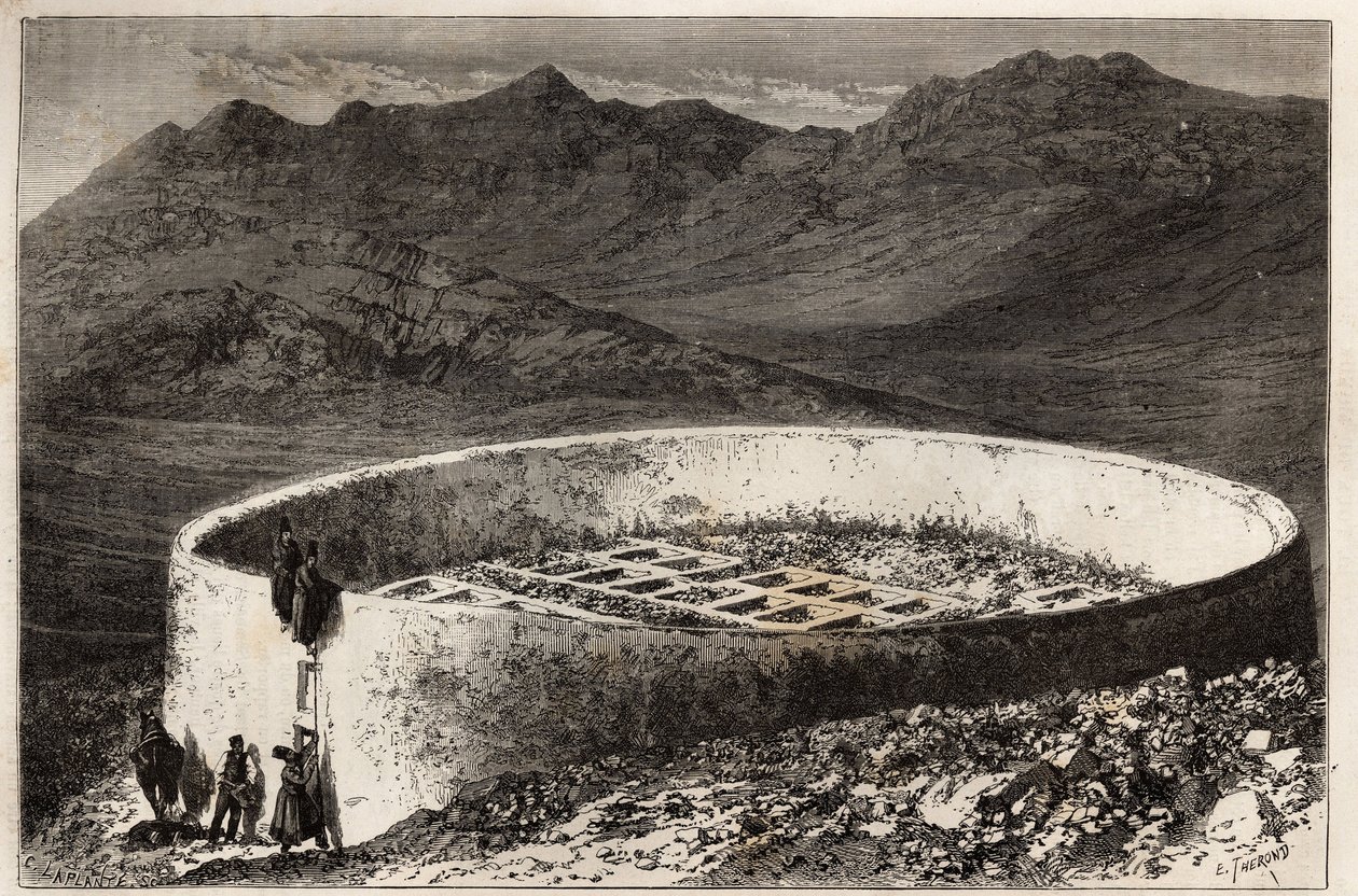 A guebra cemetery near Teheran, in the shape of a large tower with a circumference of 60 metres and a height of 5 metres; the interior is arranged in maconnated boxes, each serves as an entrance into the vaults or bones are deposited by Unknown artist