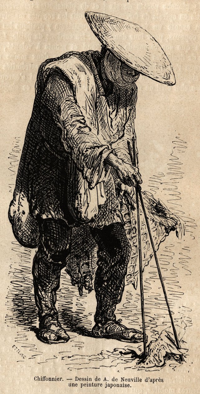 A Walking Rag Picker, Using Long Chopsticks He Grabs the Rags He Stores ...