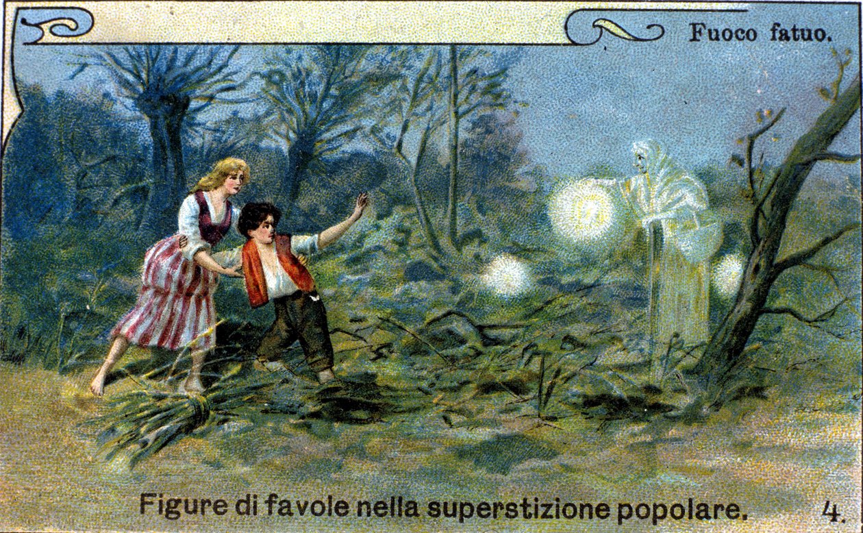 A wild fire, a diffuse light that can be seen at night near the marshes and cemeteries, would be a clever spirit from popular tradition. Chromolithograph of the 19th century by Unknown artist